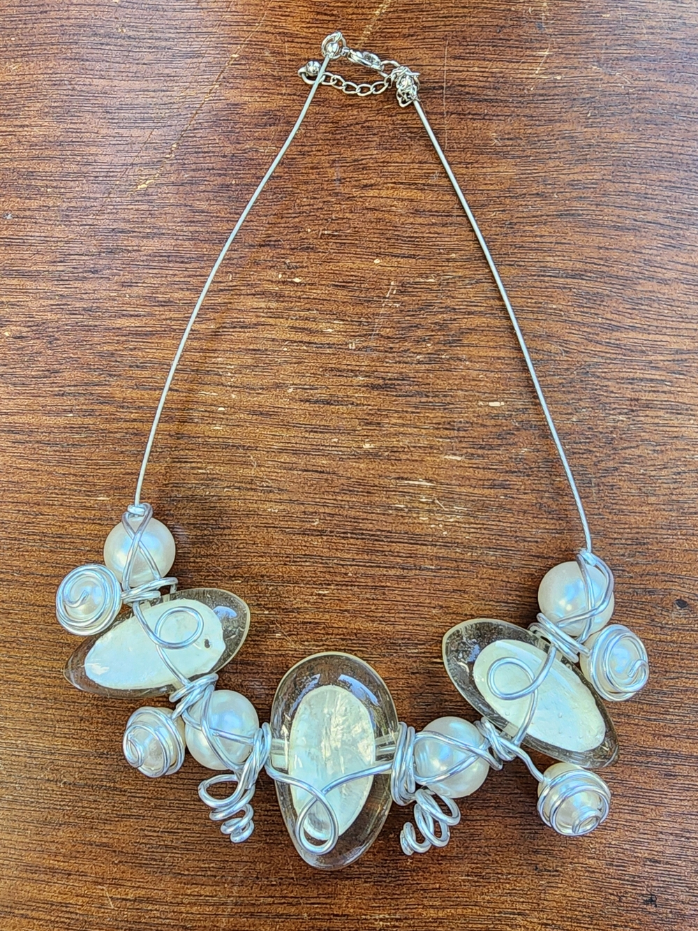 Artisan Hand-Wrapped Wire Bib Necklace Faux Pearl & Acrylic Clear Stone NWOT